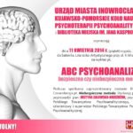 Plakat wydarzenia „ABC psychoanalizy – bezpieczna czy niebezpieczna metoda?”, ilustracja profilu głowy z rysunkiem mózgu, informacje o prelekcji i projekcji filmu „Niebezpieczna metoda” Davida Cronenberga, organizowanej w Inowrocławiu.