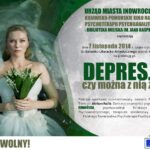 Plakat promujący prelekcję „Depresja – czy można z nią żyć?” w Inowrocławiu, z ilustracją kobiety w sukni ślubnej zanurzonej w wodzie, zaproszenie na projekcję filmu „Melancholia”.